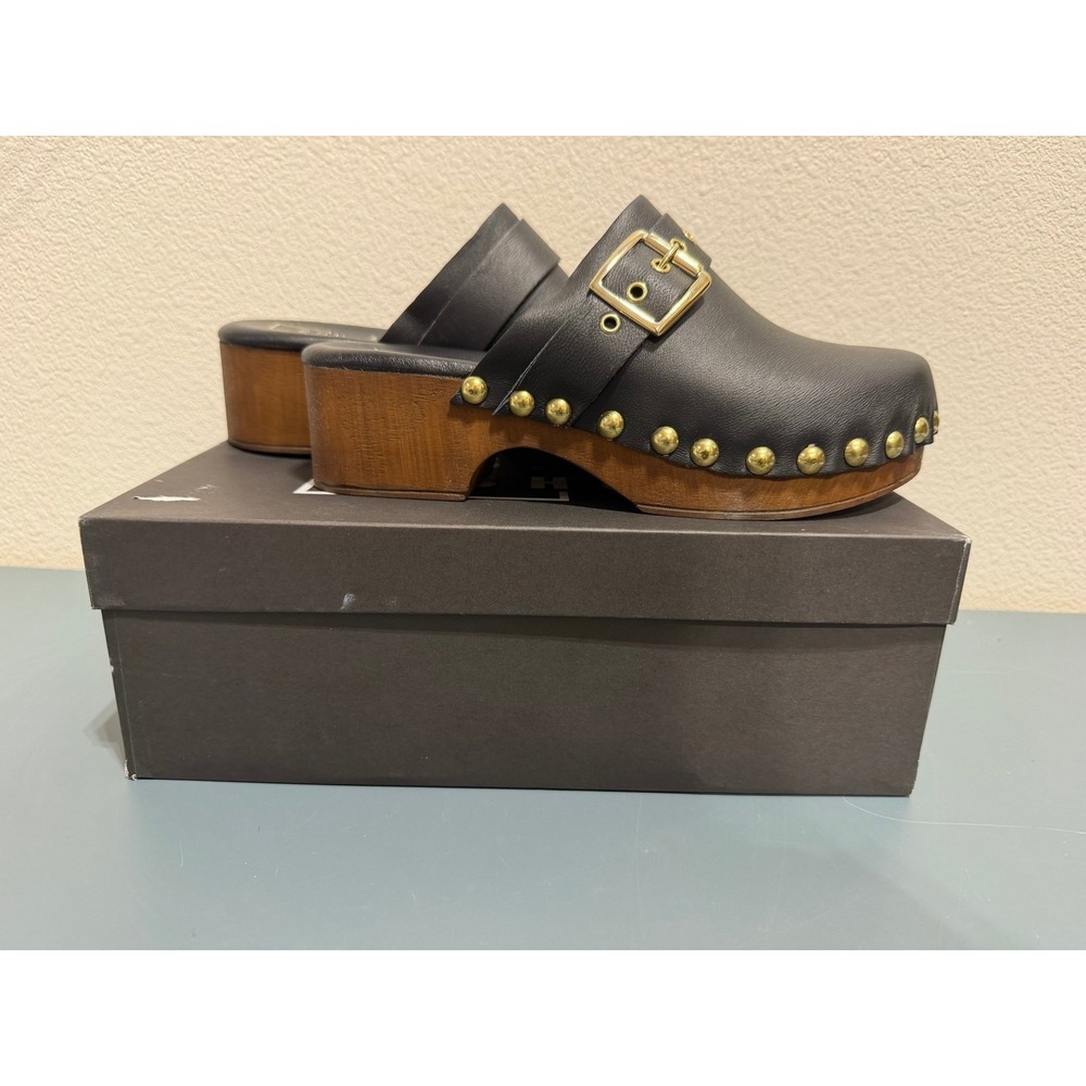Shu Shop Fabiana Black Leather Studded Wood Platform Clogs Mules Made in Italy 8